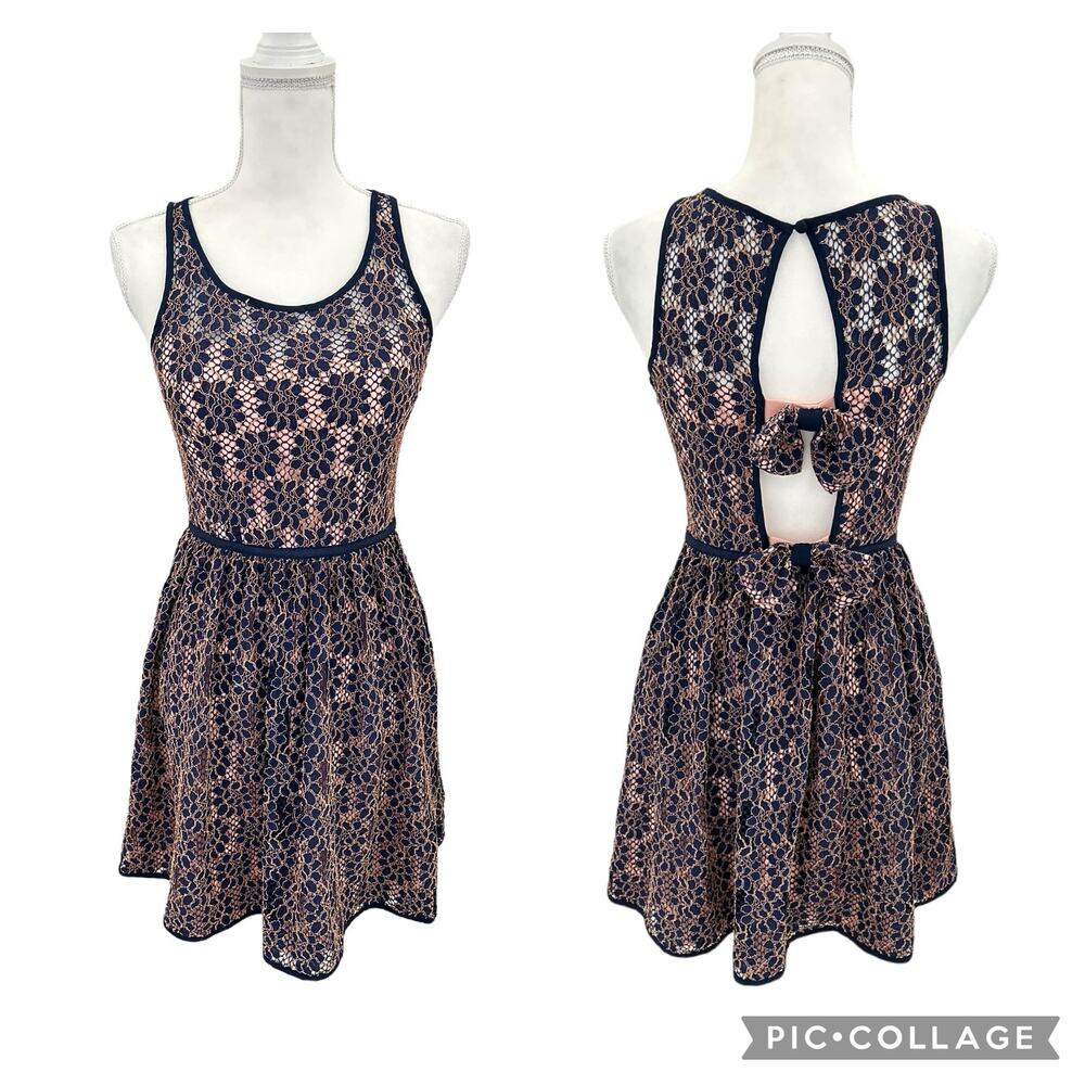 Minuet Deep Blue Pink Midi Bow Detail Lace Embroidered Dress Size Small Wedding